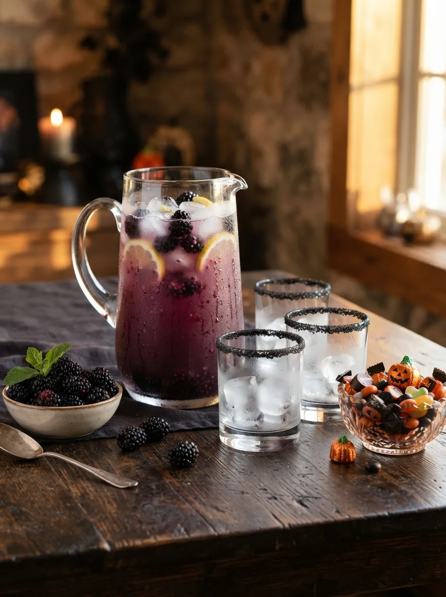 A pitcher of blackberry lemonade surrounded by glasses and fresh blackberries on a party table.