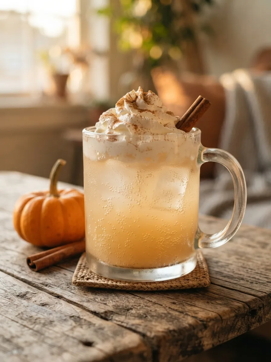 A creamy orange pumpkin pie Italian soda in a glass mug topped with whipped cream and cinnamon.