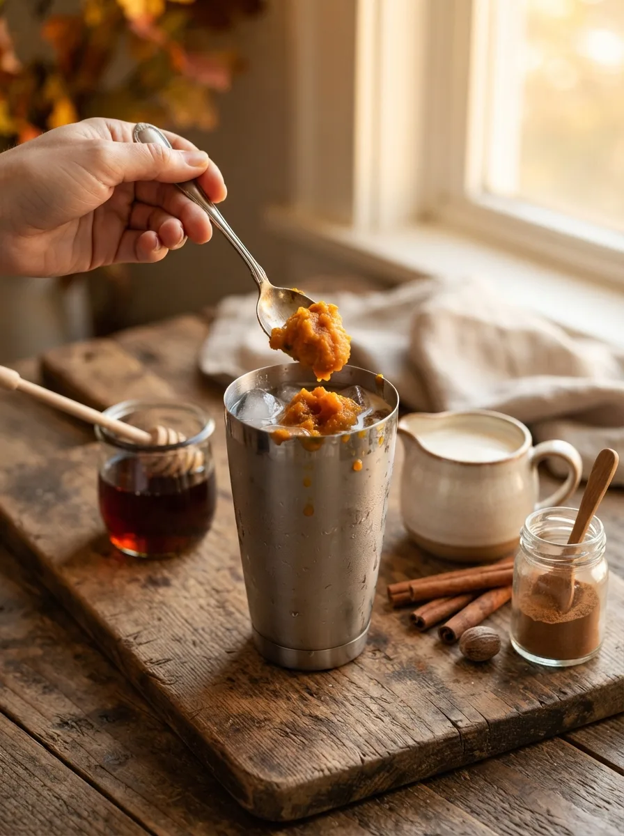 Spoonfuls of pumpkin purée and maple syrup being added to a shaker with cream.