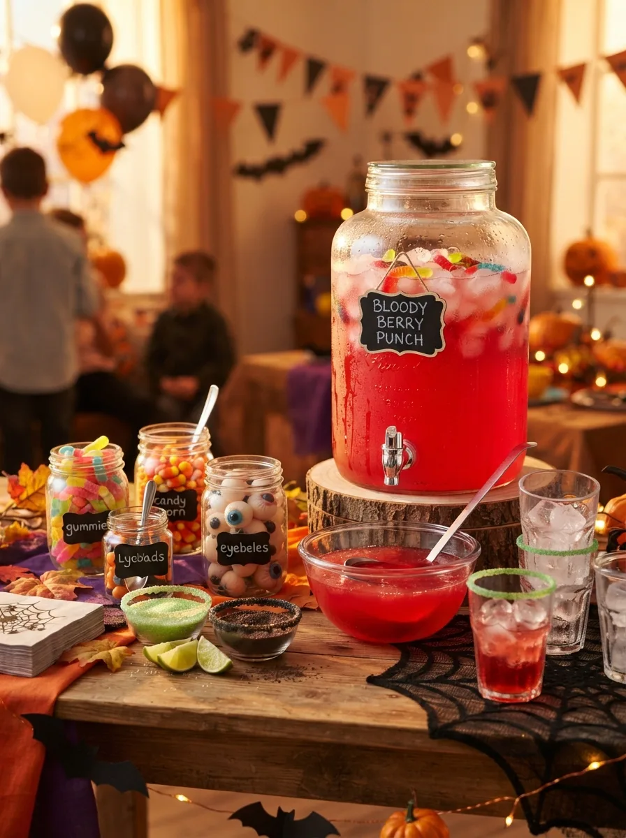 A Halloween drinks station for kids with labeled jars, gummy worms, and garnishes.