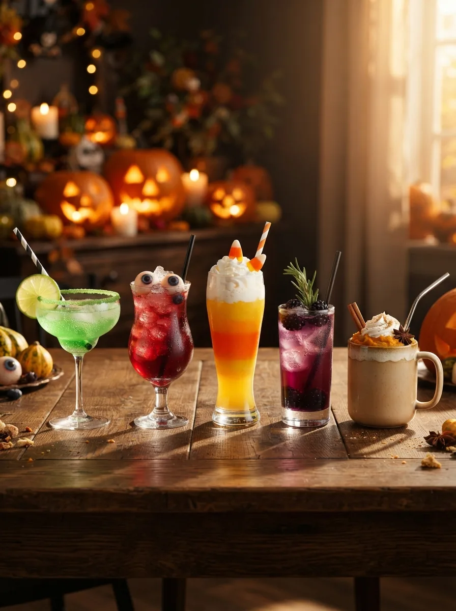 All five Halloween mocktails lined up on a dark table with carved pumpkins.