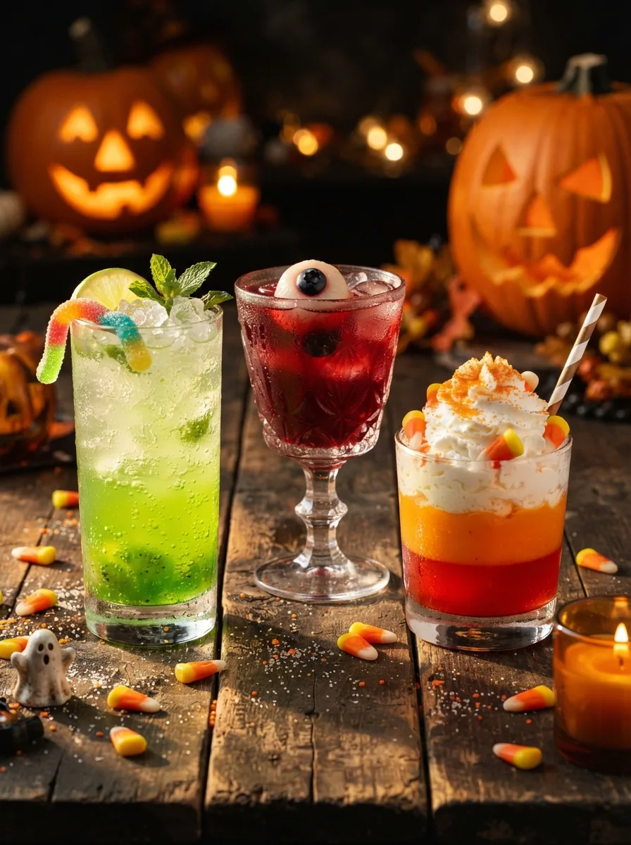 Three Halloween mocktails on a spooky table: a bright green kiwi fizz, a deep red punch with lychee eyeballs, and a layered orange candy corn drink with whipped cream.