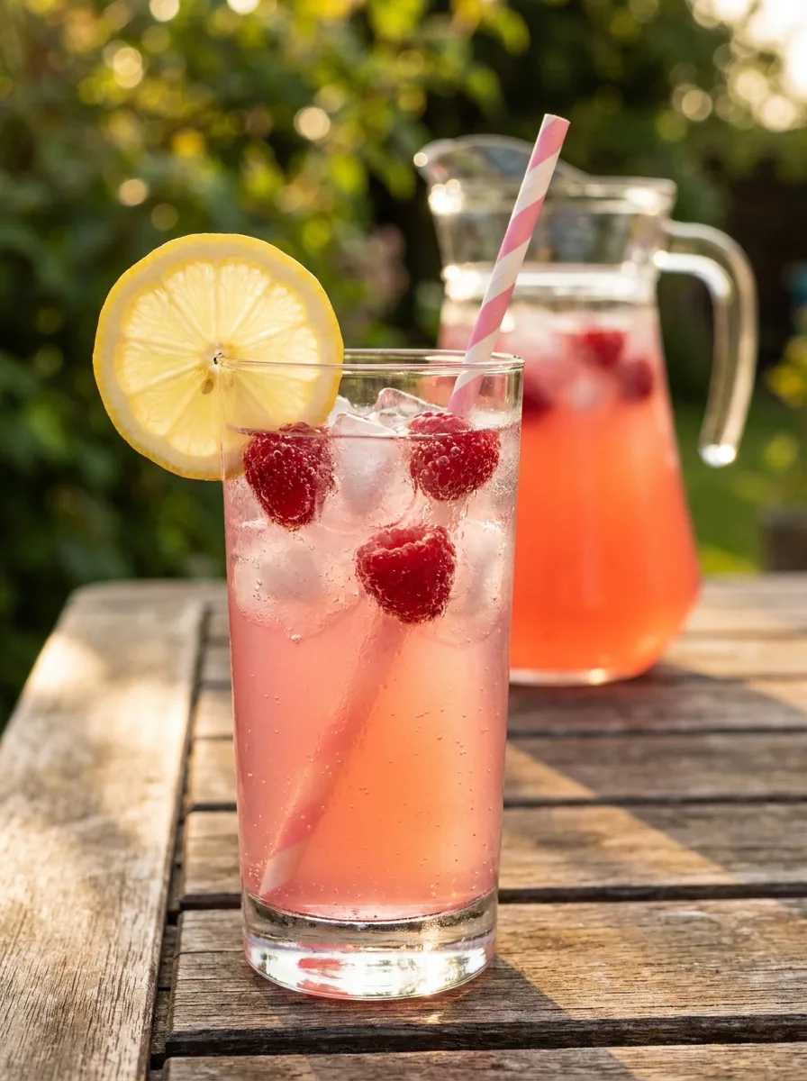 Sparkling pink lemonade with raspberries and a striped paper straw.