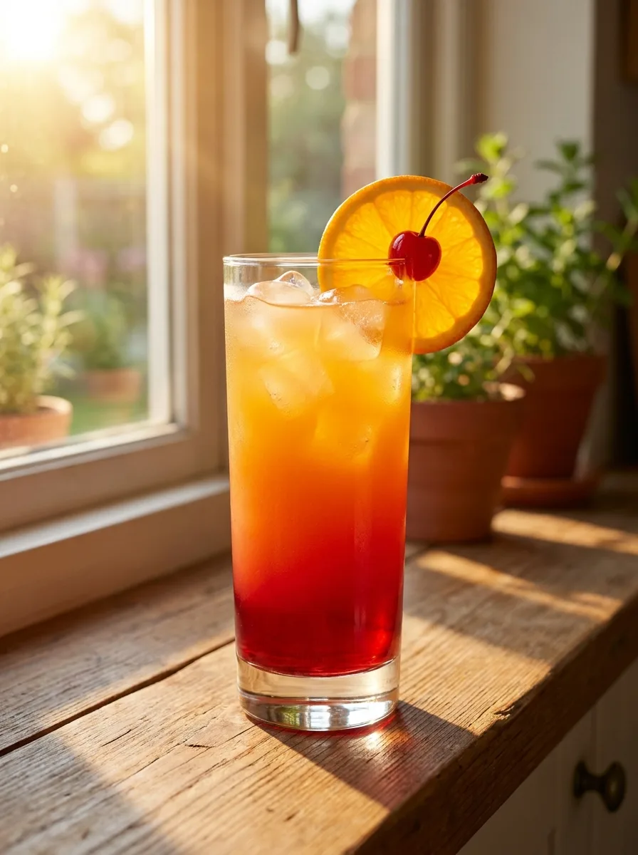 A layered sunrise drink with red grenadine at the bottom fading into orange juice.