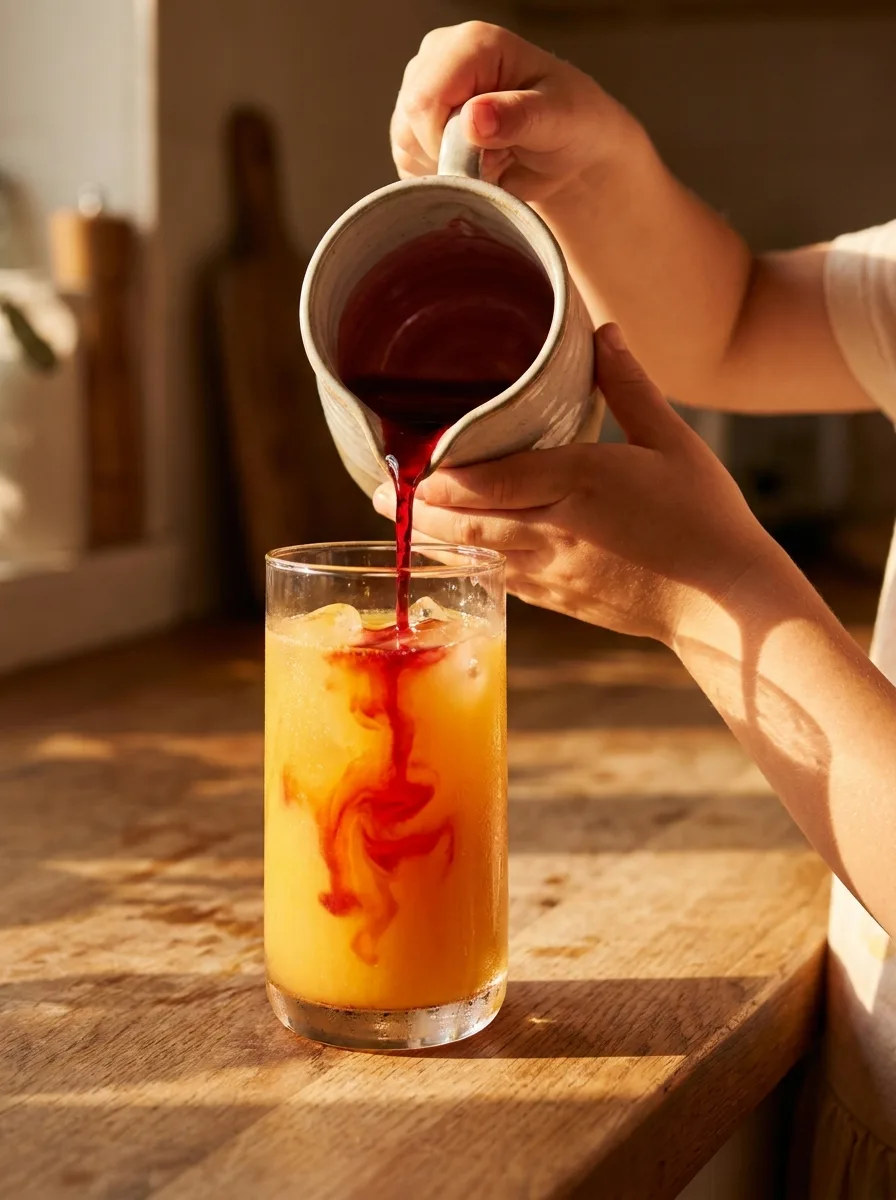A child's hands slowly pouring grenadine into a glass of orange juice.