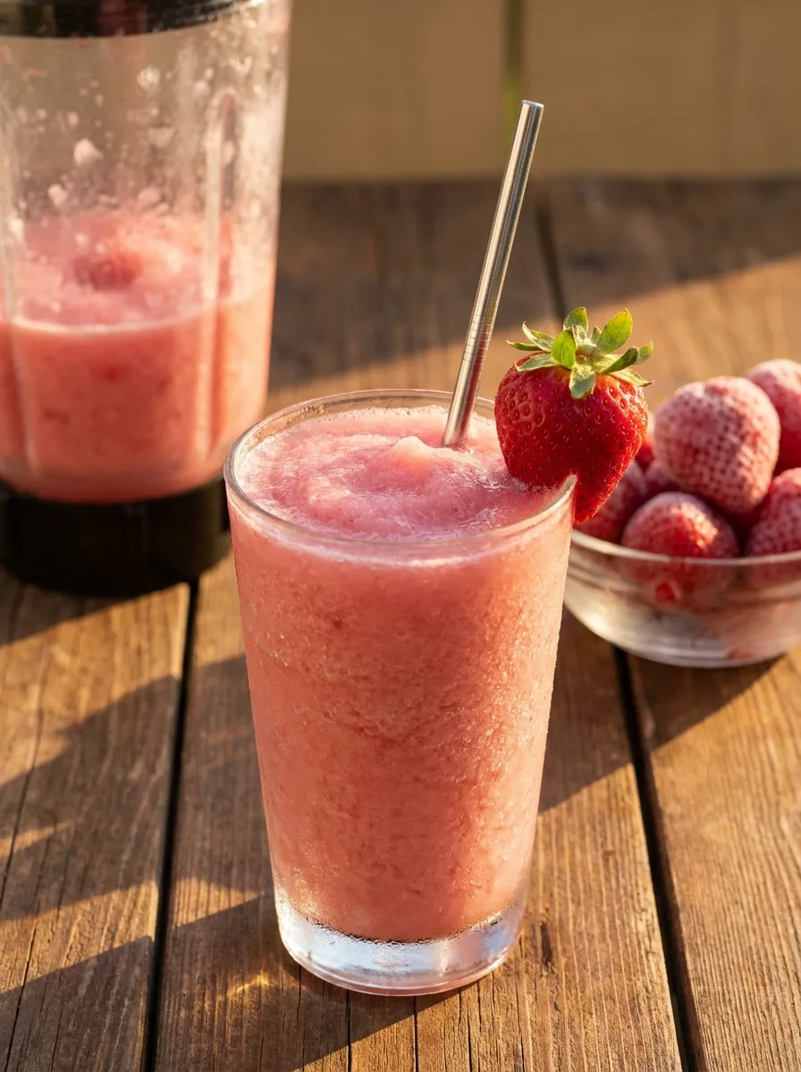 A frosty pink strawberry lemonade slush in a glass with a spoon straw.