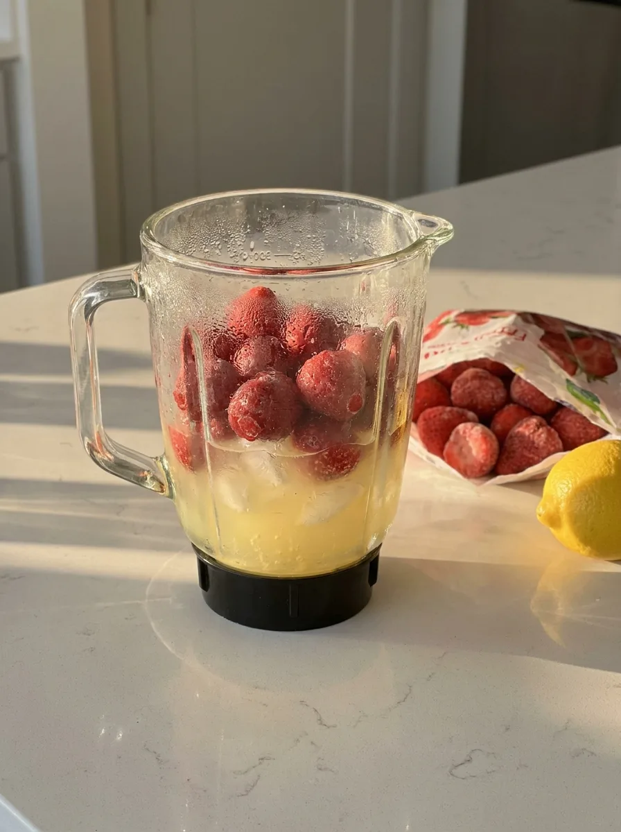 Frozen strawberries and lemonade in a blender jar.