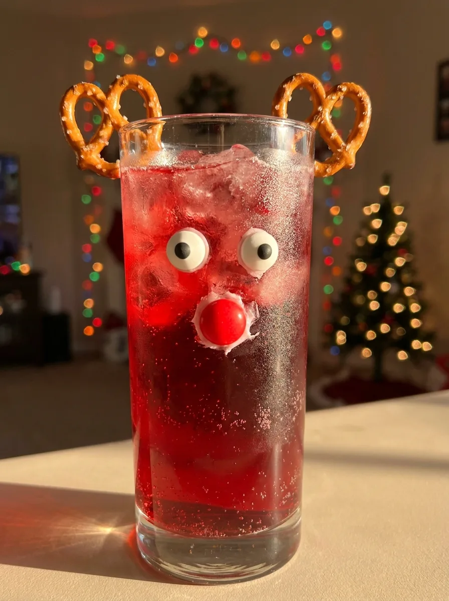 A red reindeer fizz with pretzel antlers and a candy nose on the glass.
