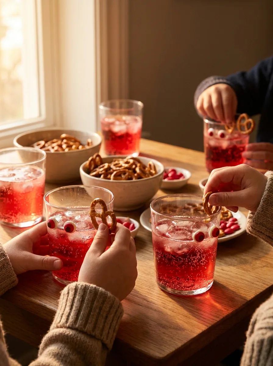 Kids decorating glasses with pretzel antlers and candy eyes at a table.