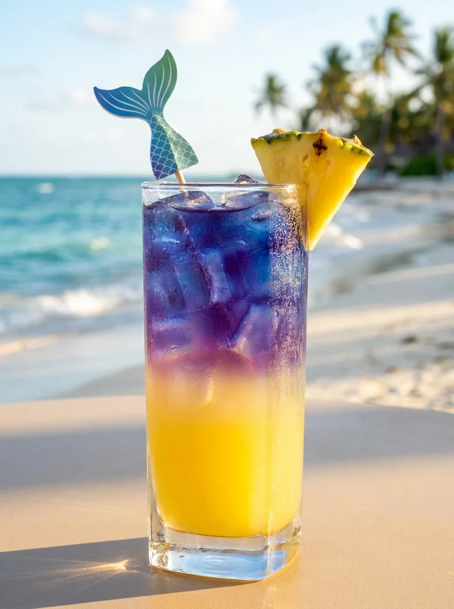A layered mermaid lagoon drink with yellow pineapple at the bottom and blue butterfly pea tea on top.