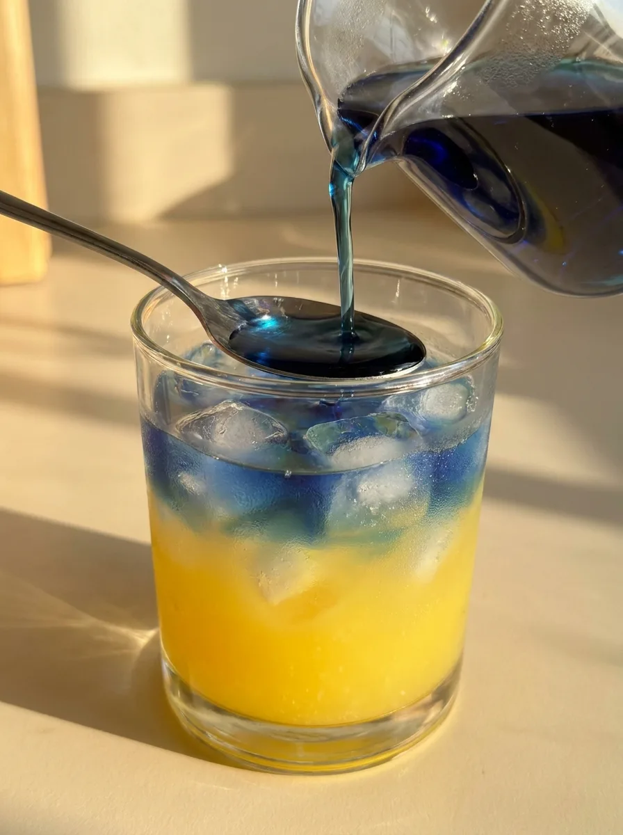 Blue butterfly pea tea being poured over the back of a spoon onto pineapple juice.