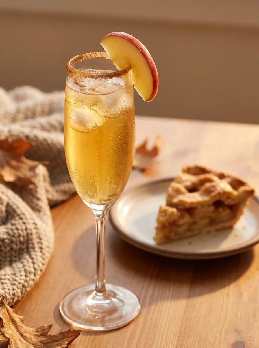 An apple pie sparkler in a flute with a cinnamon-sugar rim and a thin apple slice.