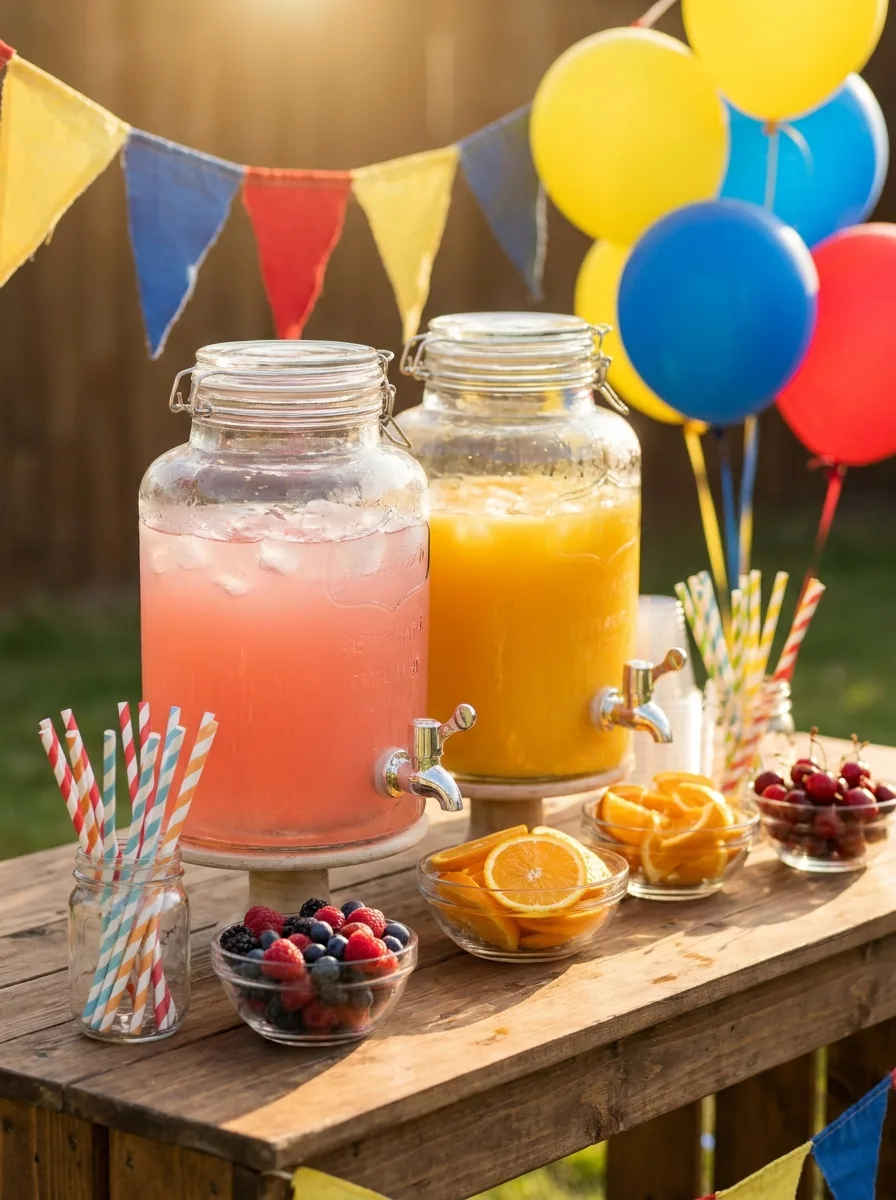 A kids' drink bar with dispensers of lemonade, fun straws, and bowls of fruit garnishes.