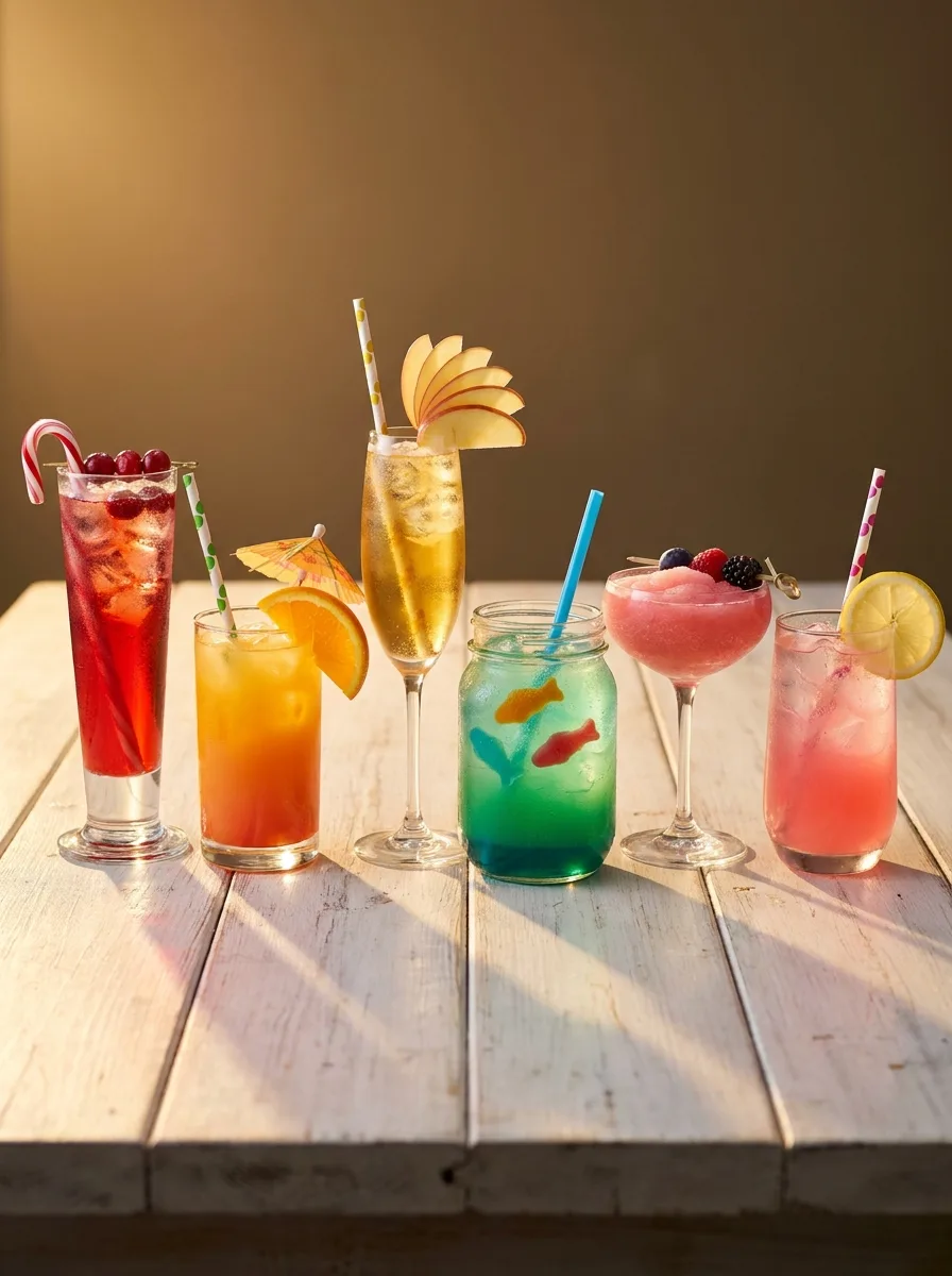 All six kids' mocktails lined up in a rainbow of colors.