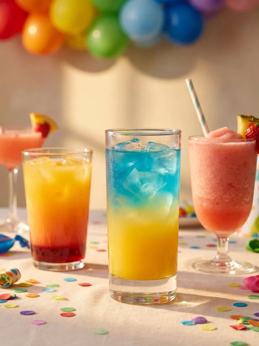 Colorful kids' mocktails on a sunny party table: a layered blue and yellow mermaid drink, a sunrise orange drink with a red base, and a pink strawberry slush with a fun straw.