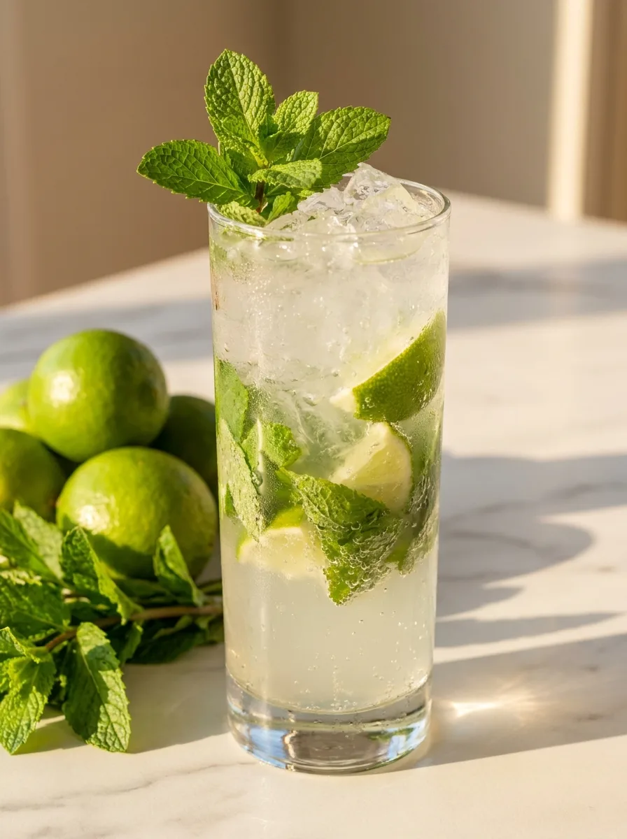 A virgin mojito in a tall glass packed with crushed ice, mint, and lime wedges.