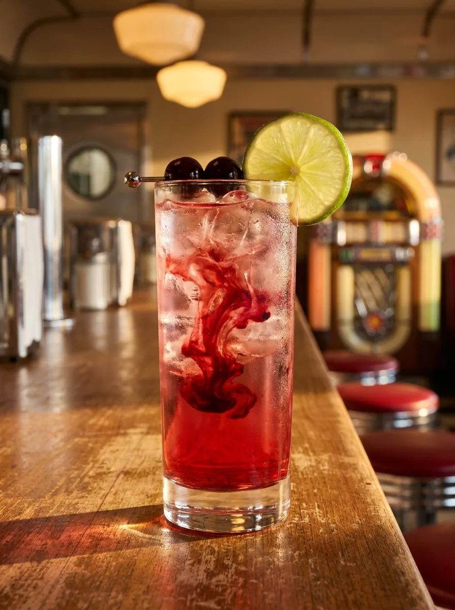 A grown-up Shirley Temple in a highball with ginger ale, grenadine, and dark cherries.