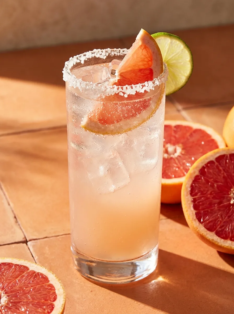 A pale pink grapefruit paloma soda with a salt rim and a grapefruit wedge.