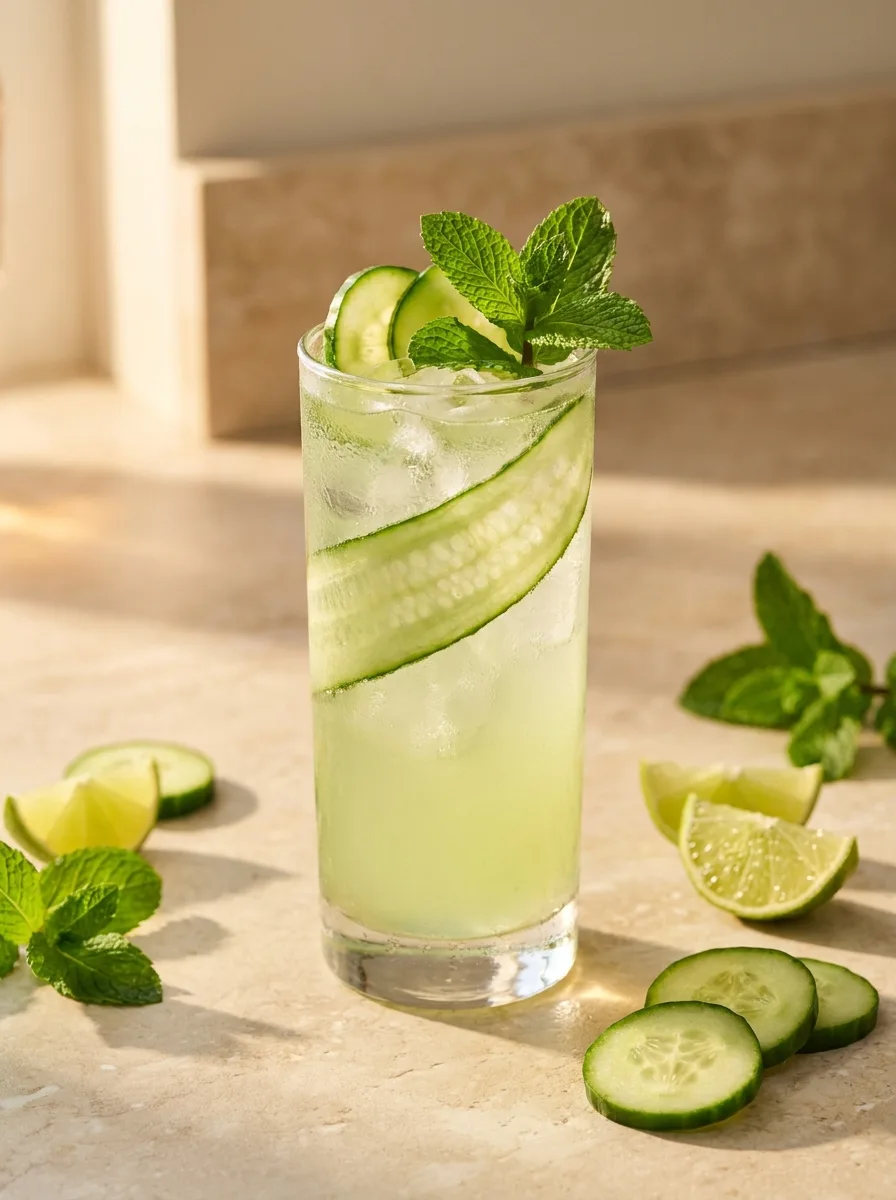 A cucumber mint cooler with long cucumber ribbons wrapped inside the glass.