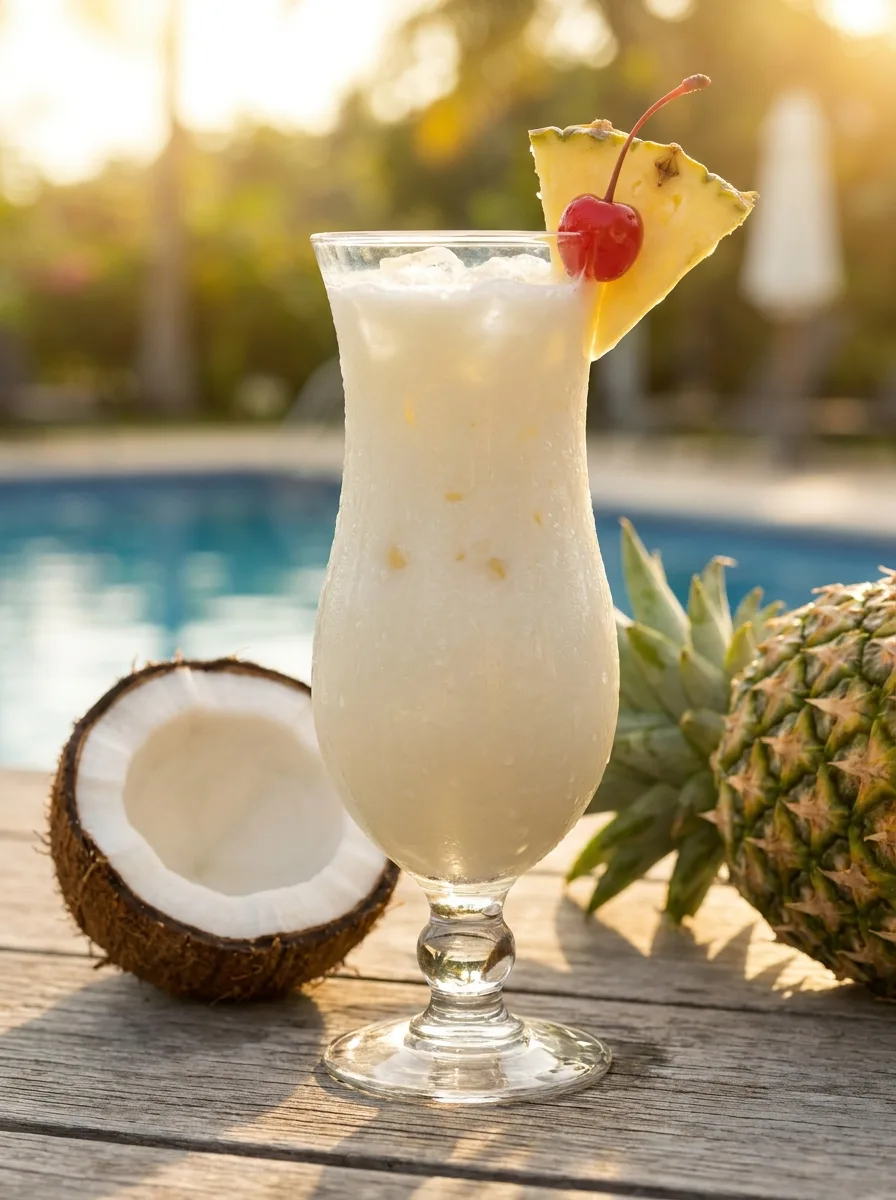 A creamy virgin piña colada in a hurricane glass with a pineapple wedge and cherry.