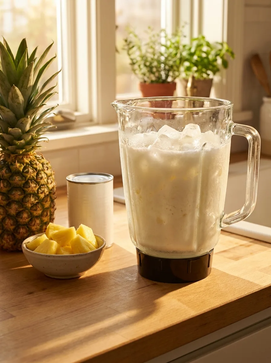 A blender full of frosty piña colada next to a pineapple and a can of cream of coconut without a label.