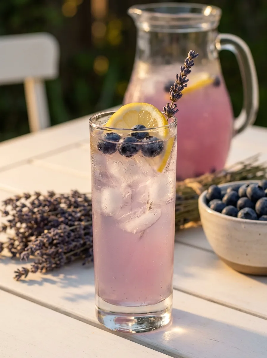 A glass of purple blueberry lavender lemonade with a lavender sprig.