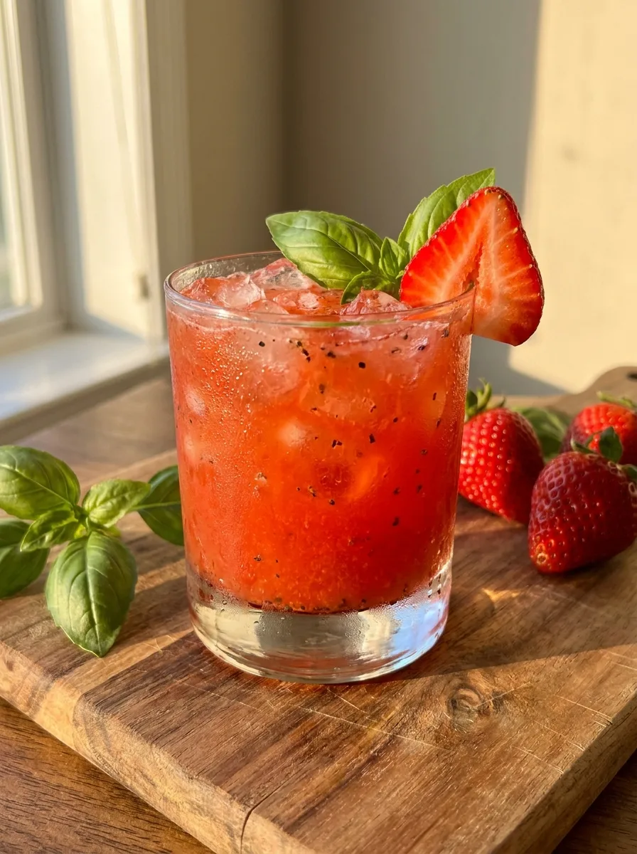 A strawberry basil smash over crushed ice with a strawberry fan and basil leaf.