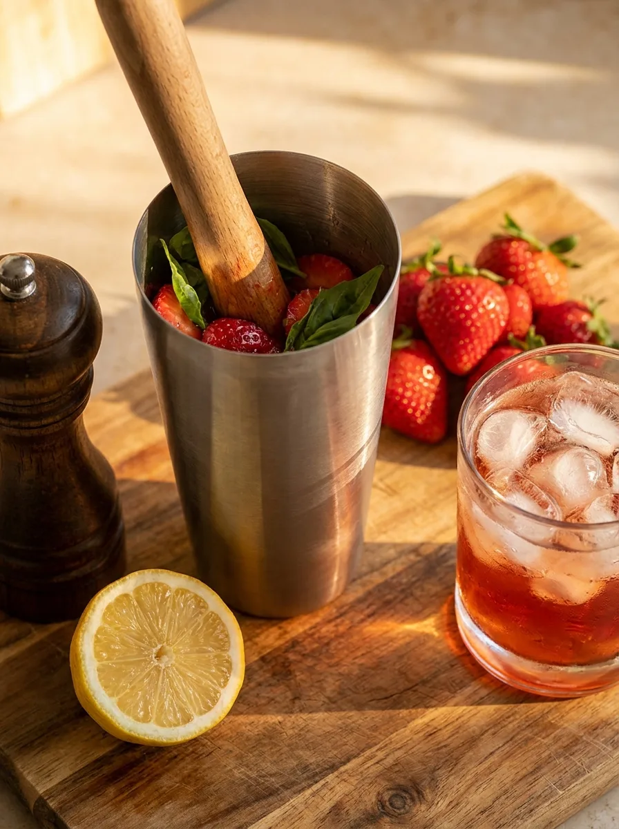 Strawberries and basil being muddled in a shaker tin.