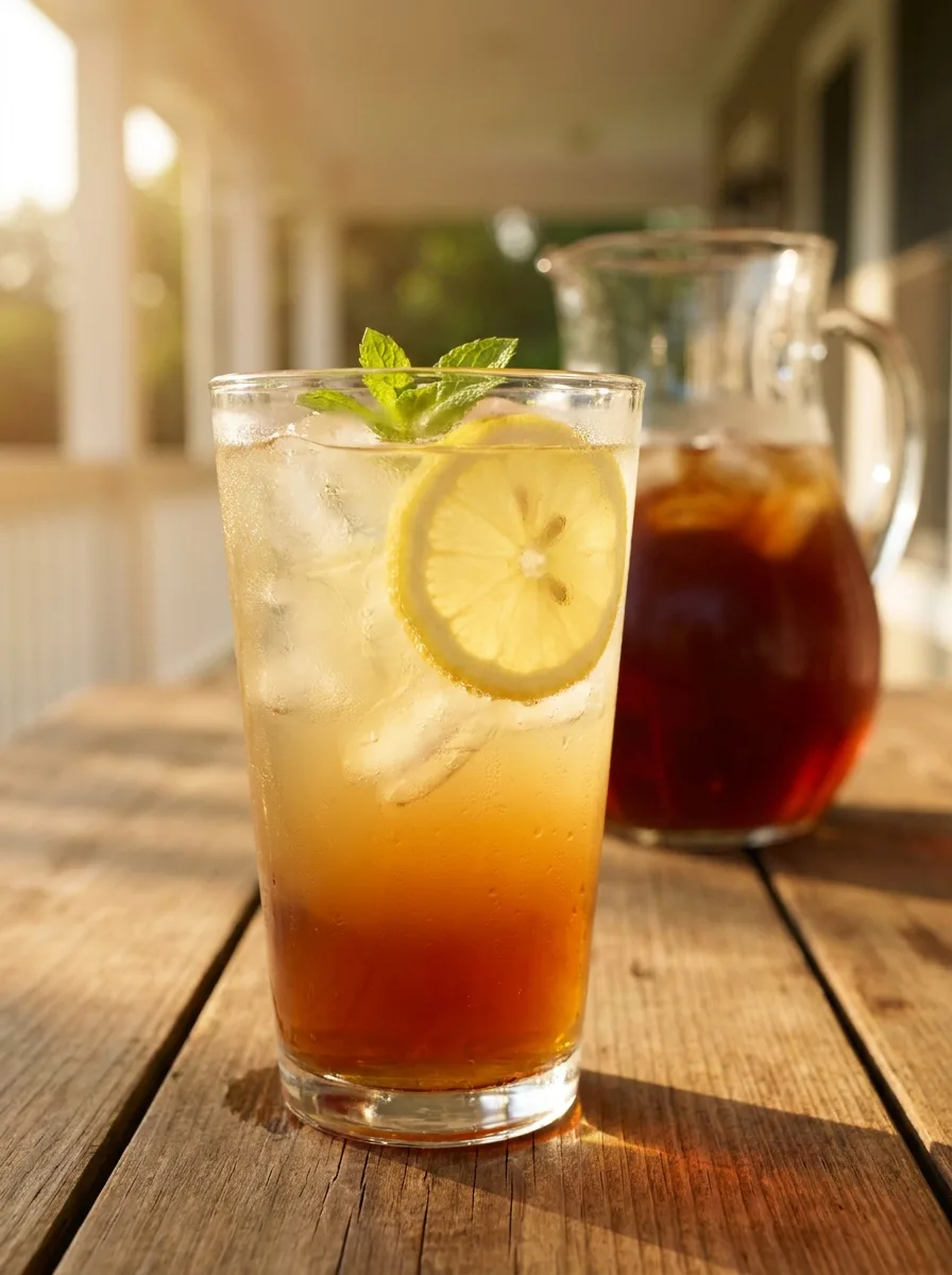A sparkling iced tea lemonade half-and-half in a tall glass with a lemon wheel.