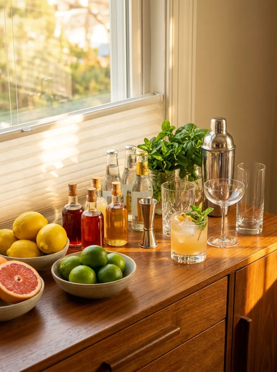 A home mocktail bar setup with fresh citrus, herbs, syrups, sodas, and glassware.