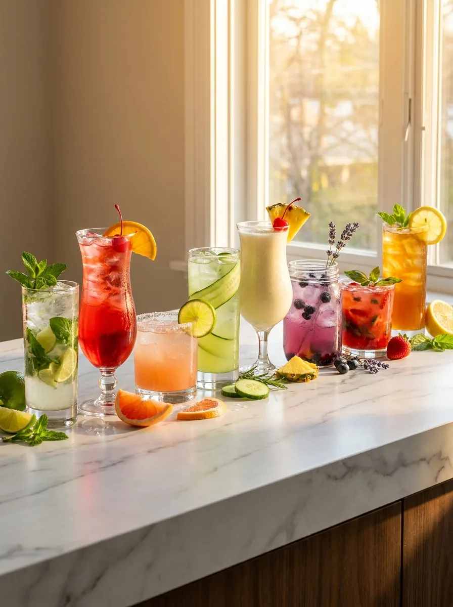 All eight mocktails lined up in a row on a long marble counter.