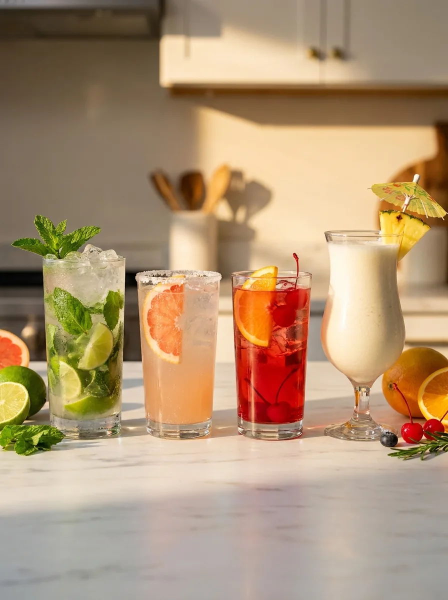 A colorful row of easy mocktails on a sunny marble counter: a virgin mojito, a pink paloma soda, a Shirley Temple with cherries, and a creamy virgin piña colada.