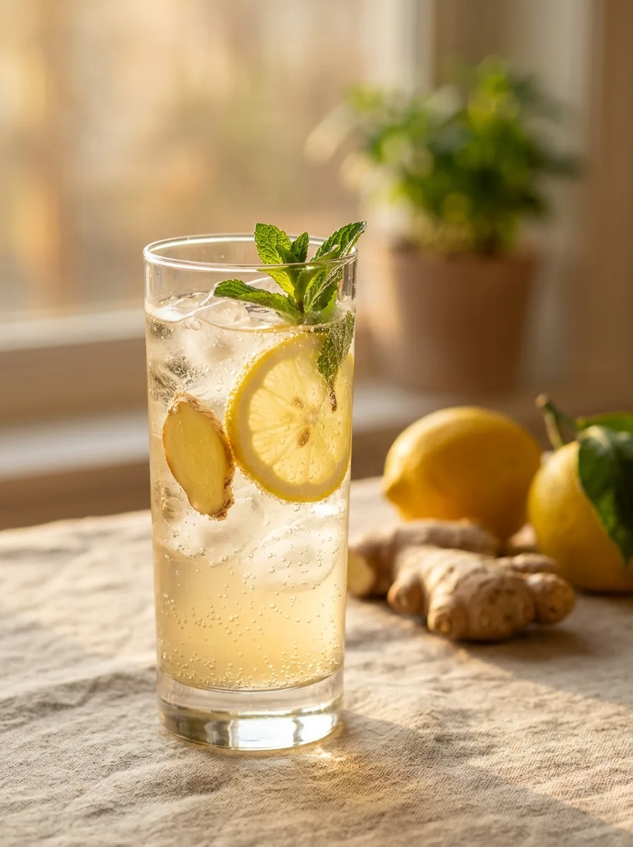 A sparkling ginger lemon fizz in a highball with a lemon wheel and a slice of fresh ginger.