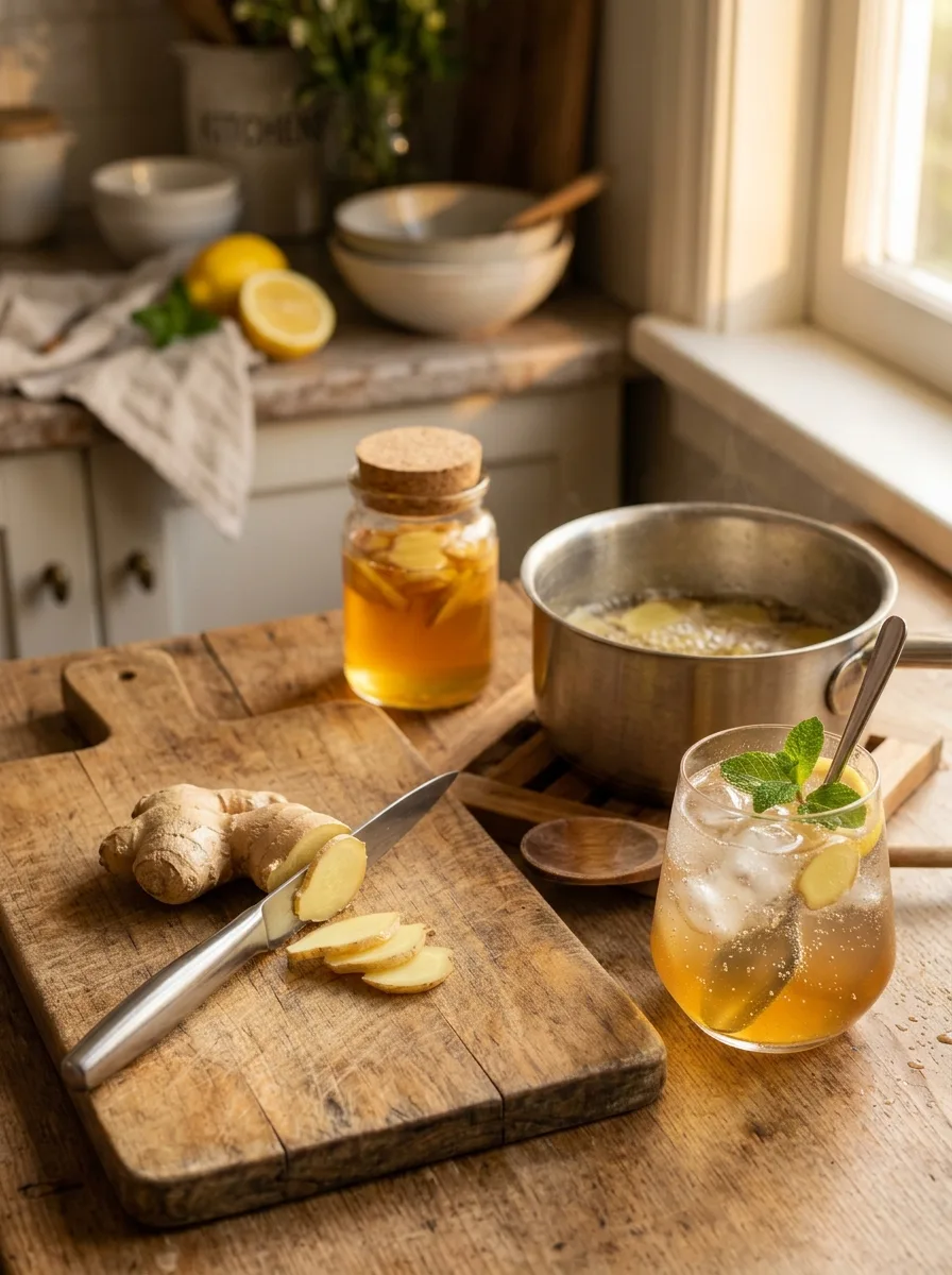Fresh ginger being sliced next to a small pan of ginger syrup.