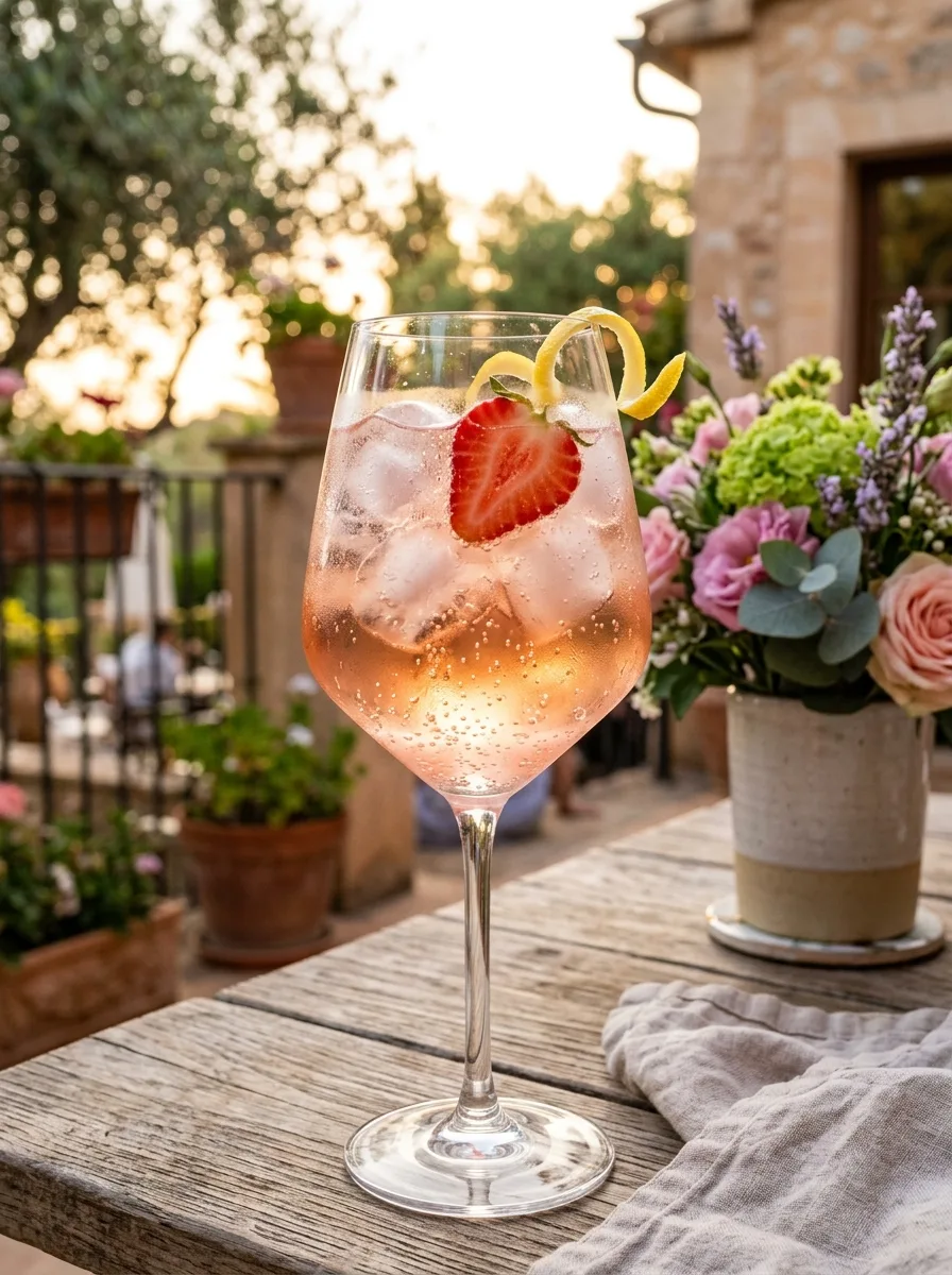 A pale pink faux rosé spritz in a wine glass with ice and a sliced strawberry.
