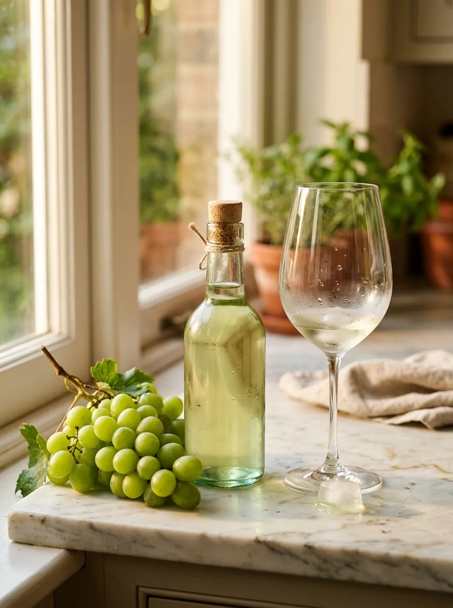 A small bottle of verjus without a label next to white grapes and a wine glass.