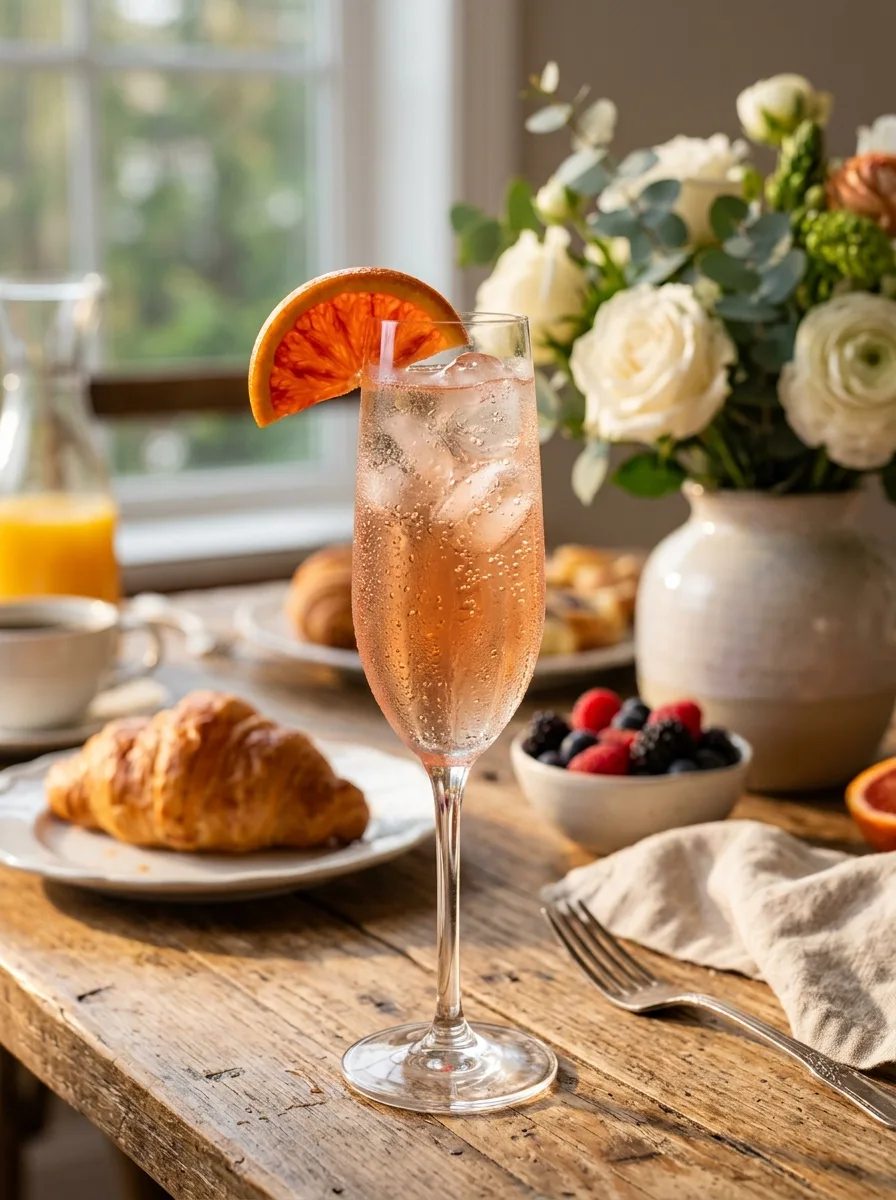 A blood orange mock mimosa in a flute on a brunch table with pastries.