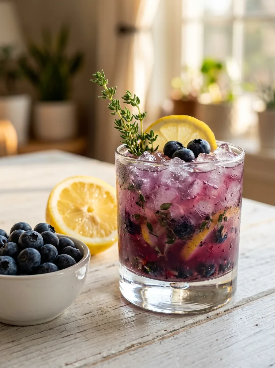 A blueberry lemon thyme smash over crushed ice with a thyme sprig.