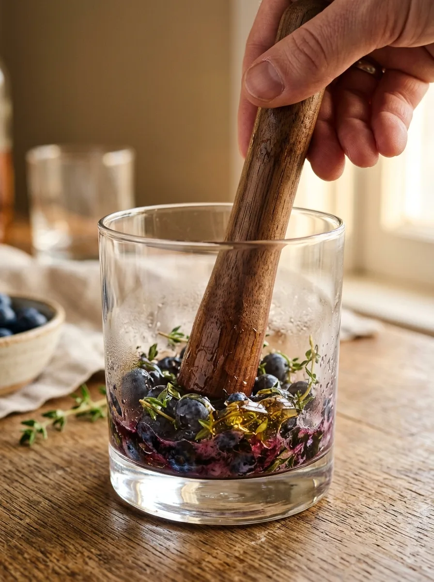 Blueberries and thyme being gently muddled in a glass.