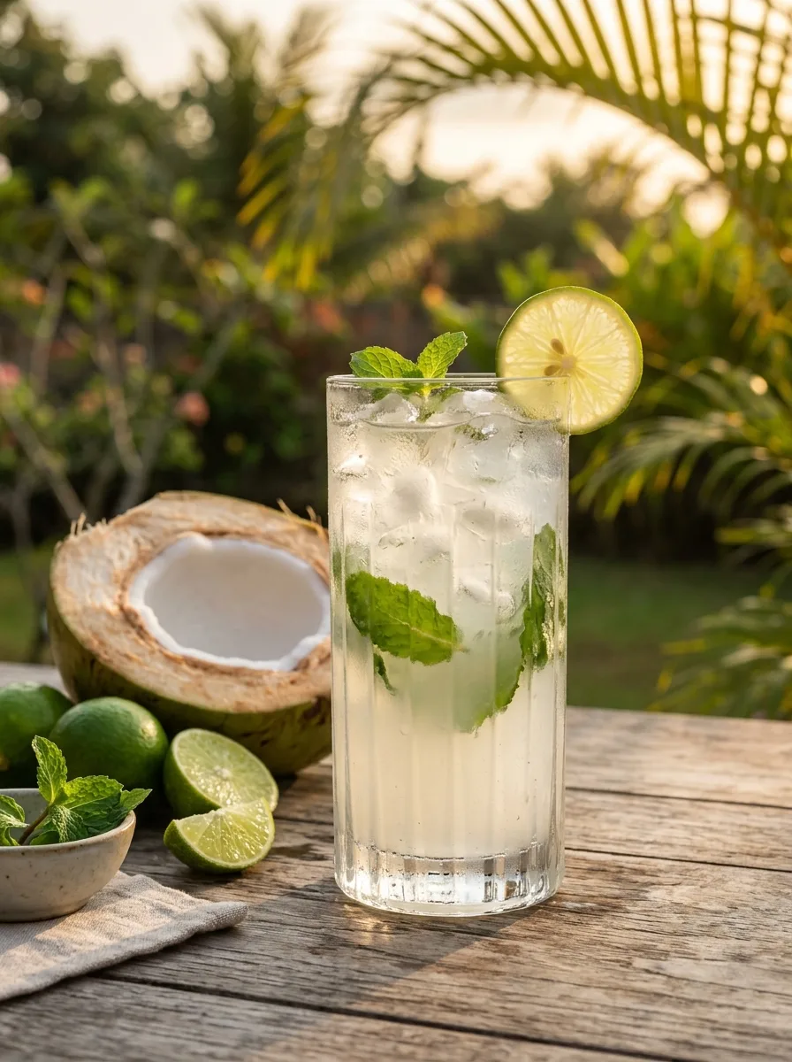 A coconut lime cooler in a tall glass with mint and lime wheels.