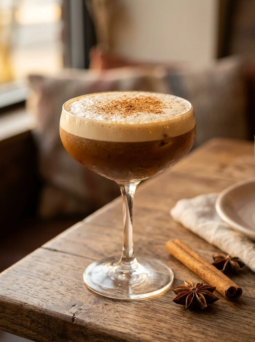 A decaf iced chai shakerato with a frothy top in a coupe glass.
