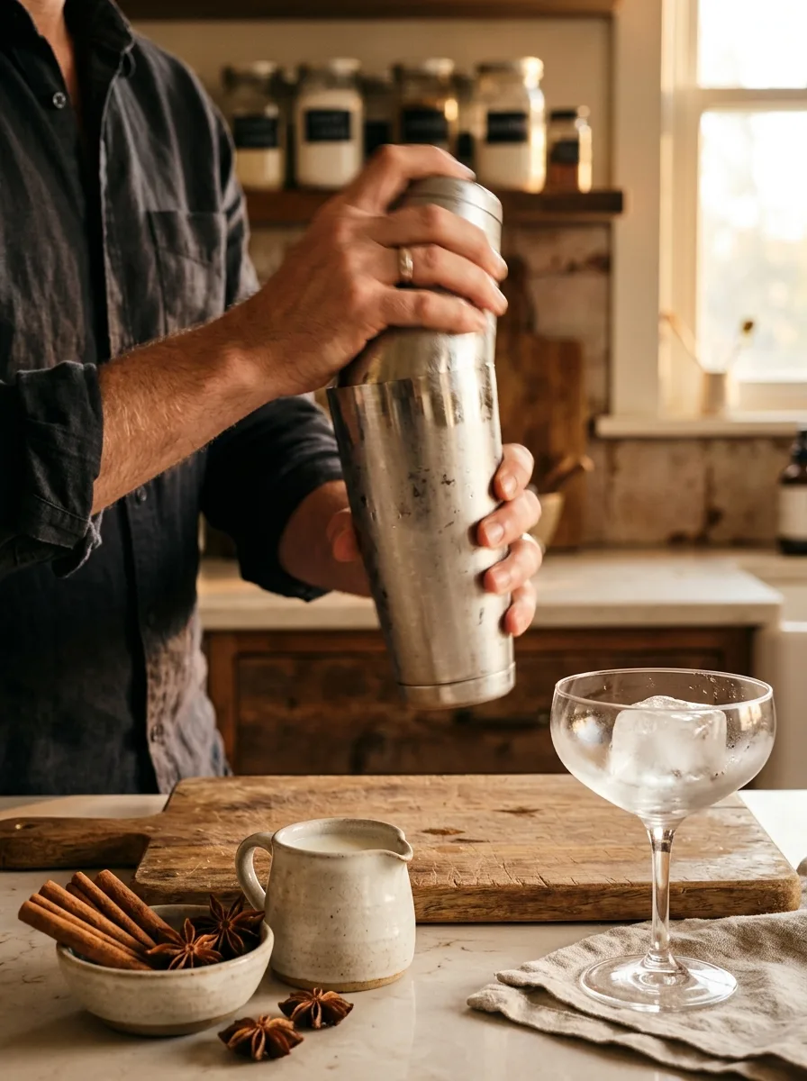A shaker being shaken hard over a counter with spices and a jug of milk.