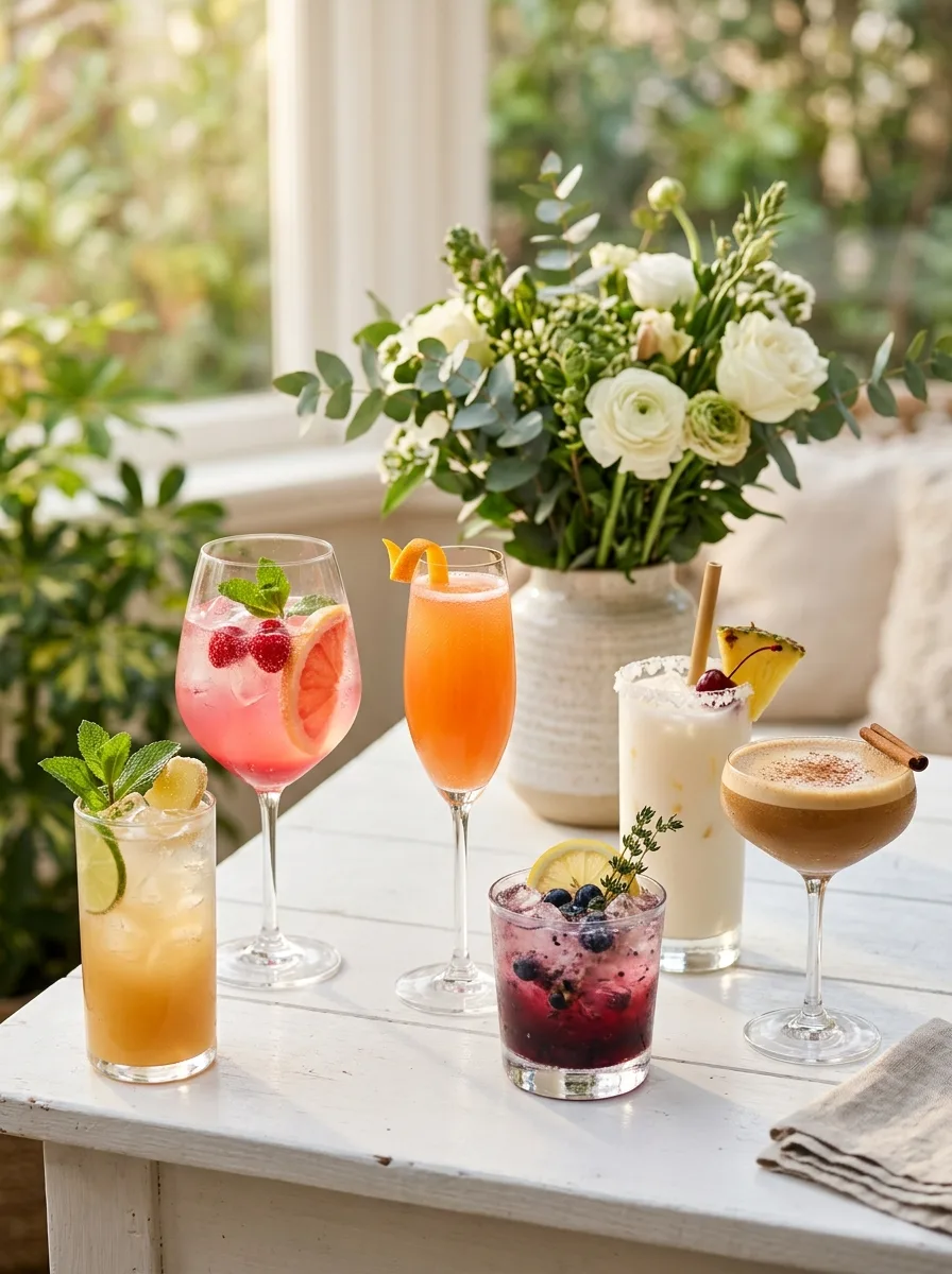 All six pregnancy-friendly mocktails arranged on a table with flowers.