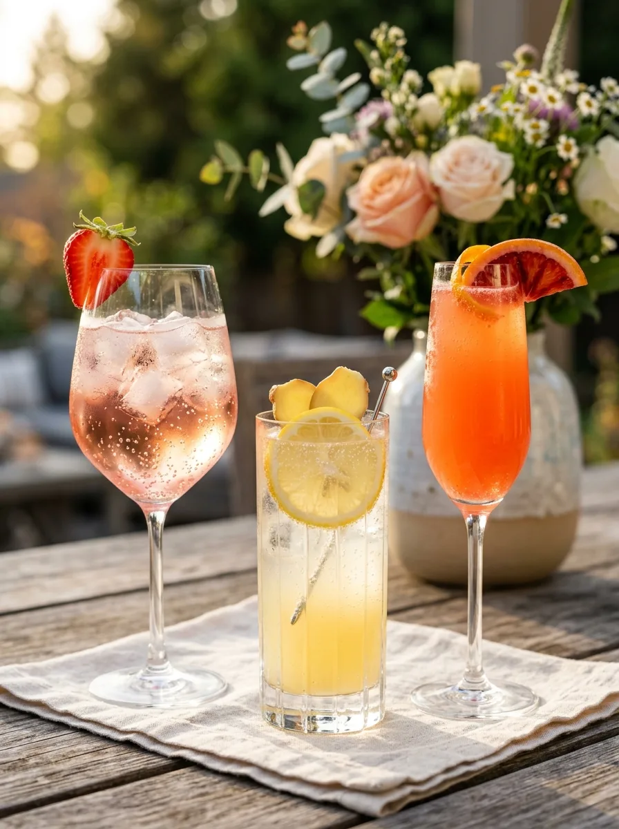 Elegant pregnancy-safe mocktails on a sunlit table: a pale pink faux rosé spritz, a ginger lemon fizz, and a blood orange mock mimosa in a flute.
