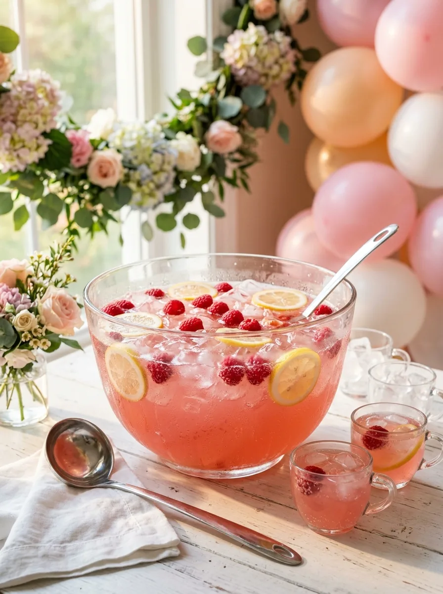 A glass punch bowl of pink lemonade punch with raspberries, lemon slices, and a ladle.
