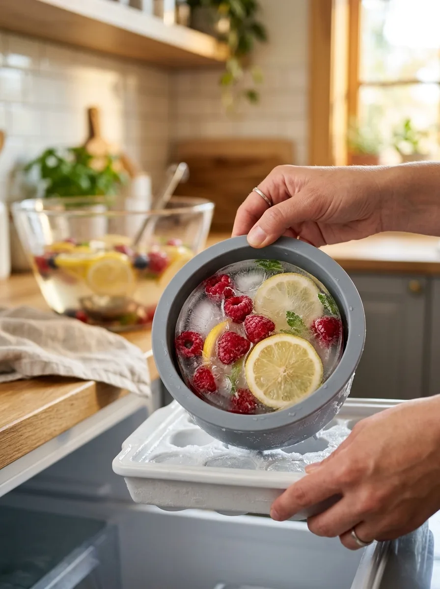Frozen raspberries and lemon slices in an ice mold for a punch bowl.