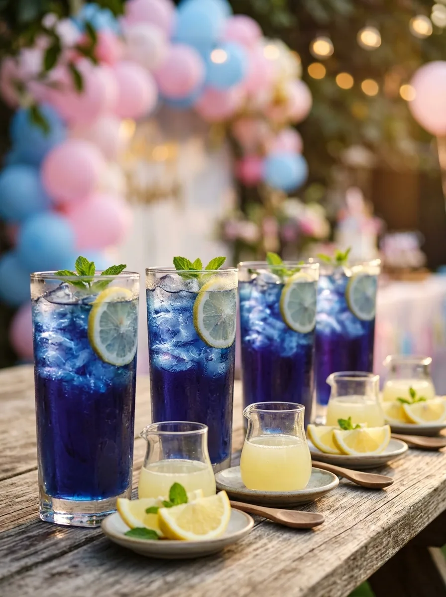 Tall glasses of deep blue butterfly pea lemonade with lemon wedges on the side.