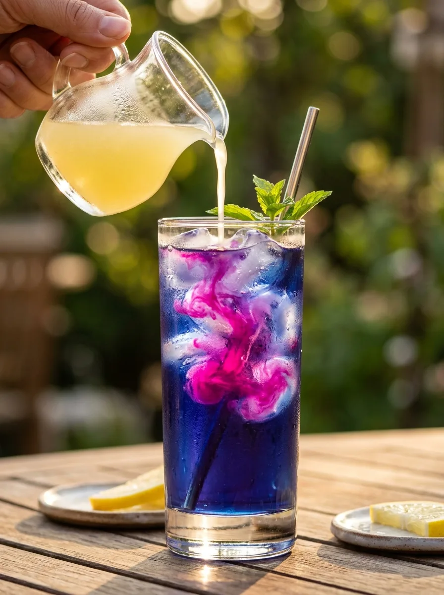 Lemon juice being poured into a blue drink, turning it pink.