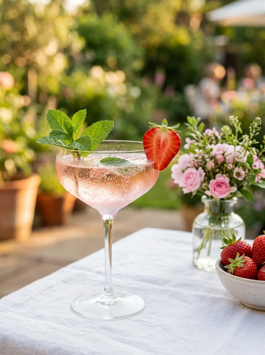 A strawberry mint sparkler in a coupe with a strawberry on the rim.