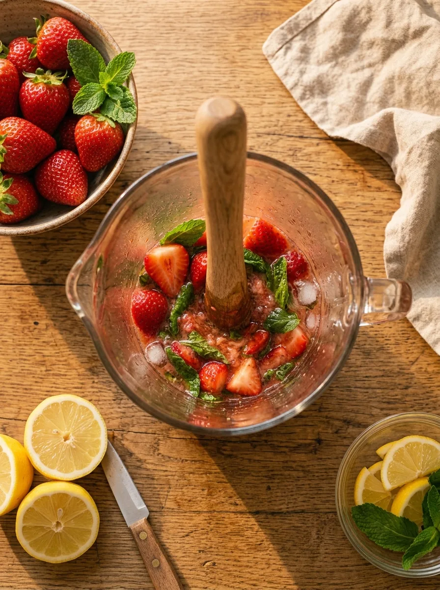 Strawberries and mint being muddled in a pitcher.